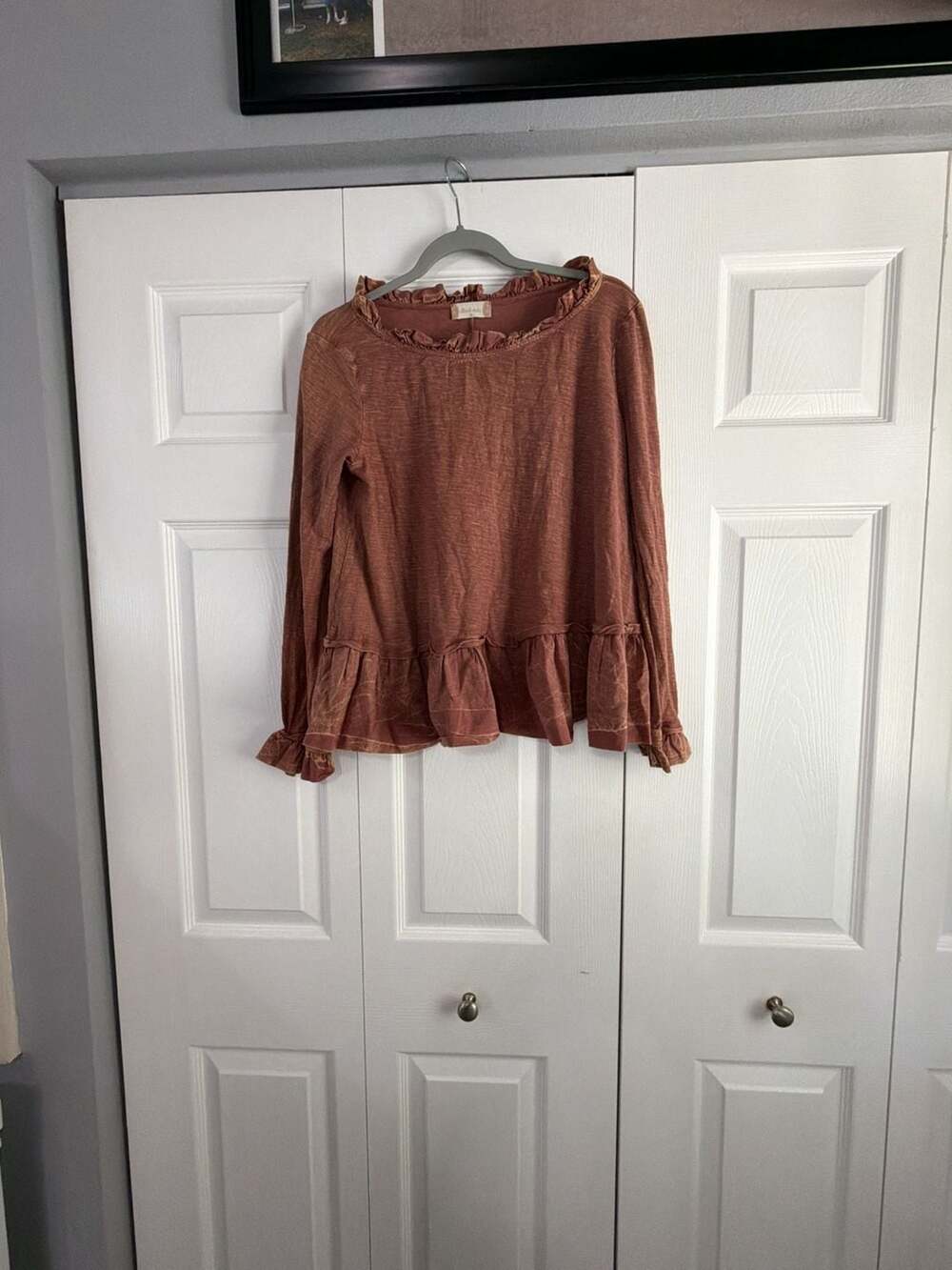 Altar'd State Brown Thermal Knit Ruffle Peplum Long Sleeve Tunic Top